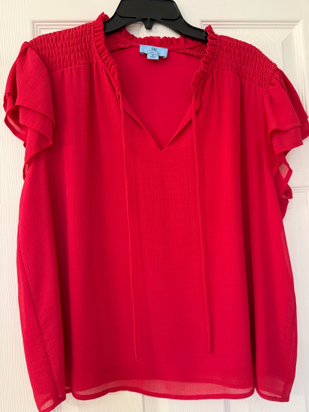 CeCe Red Ruffle Sleeve V-Neck Blouse